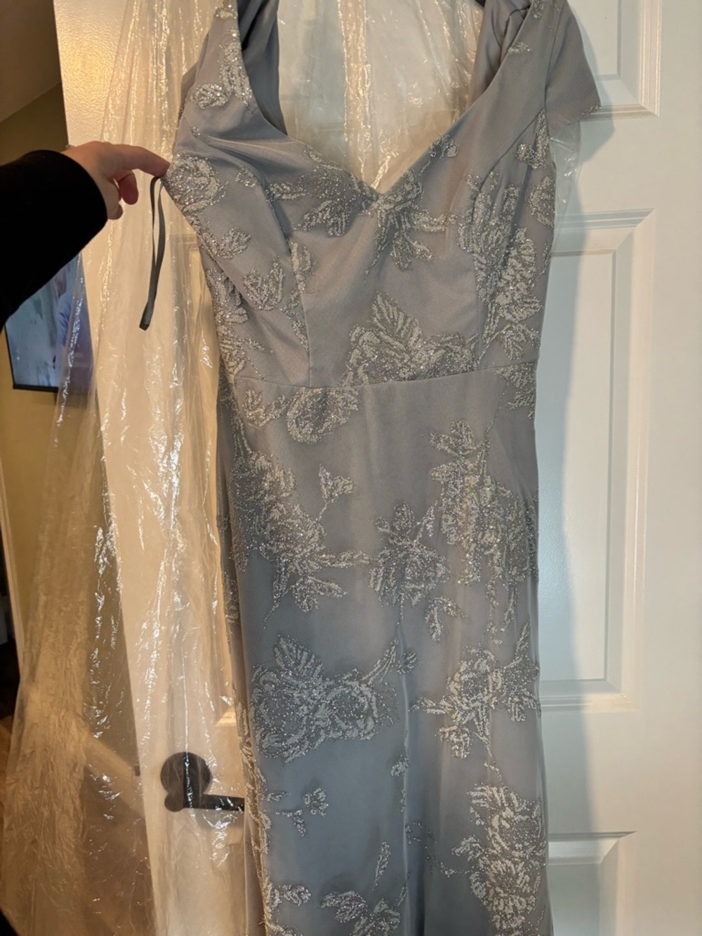 Strapless Silver-Gray Embroidered Evening Dress